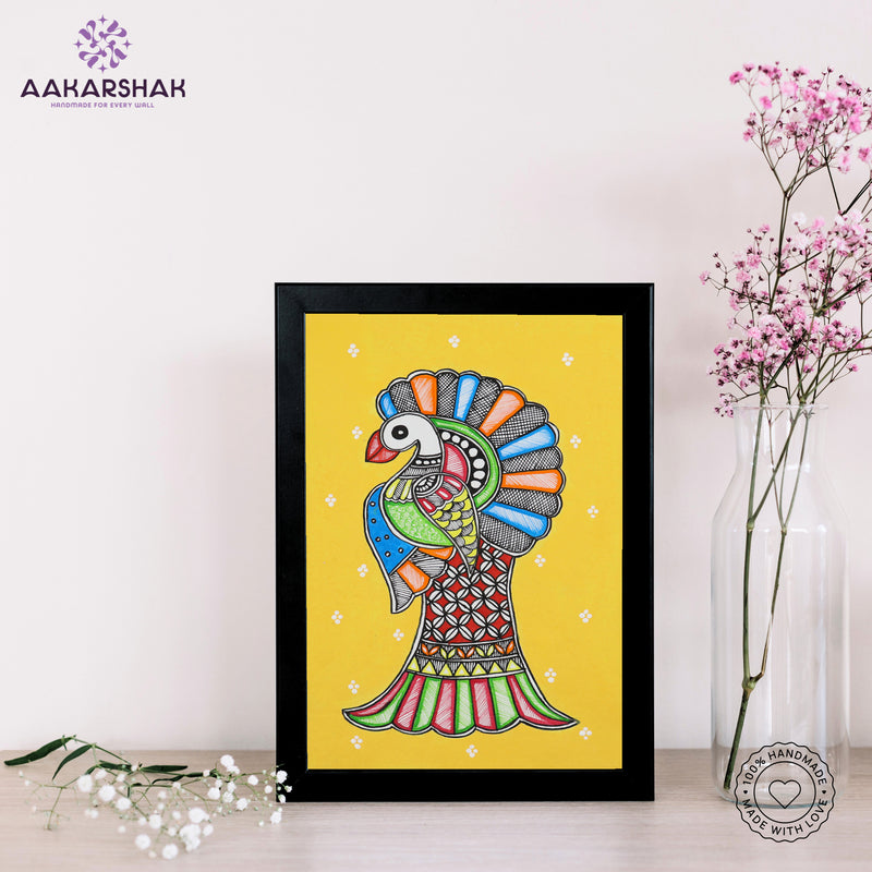 handmade madhubani painting peacock painting-with tabletop stand for home decor