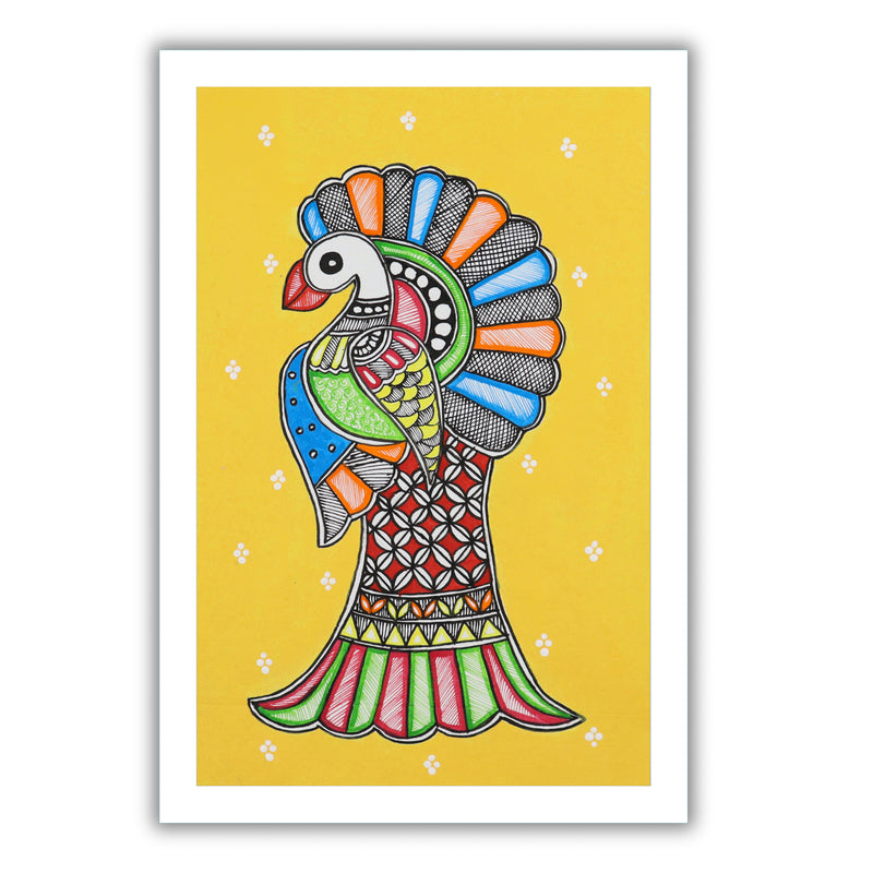handmade madhubani painting painting peacock-in vibrant traditional folk art style