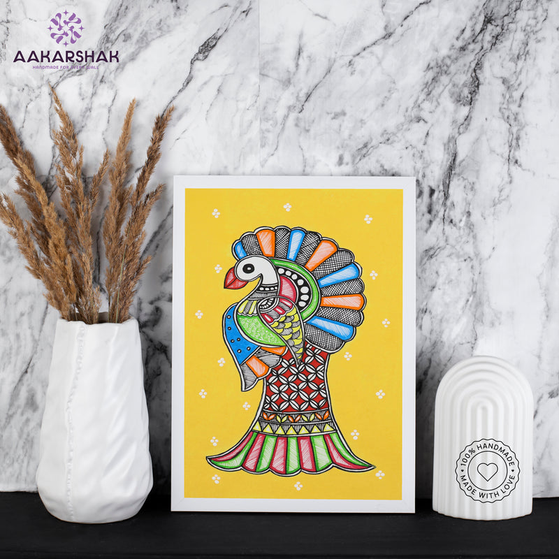 handmade madhubani painting peacock painting-with tabletop stand for home decor