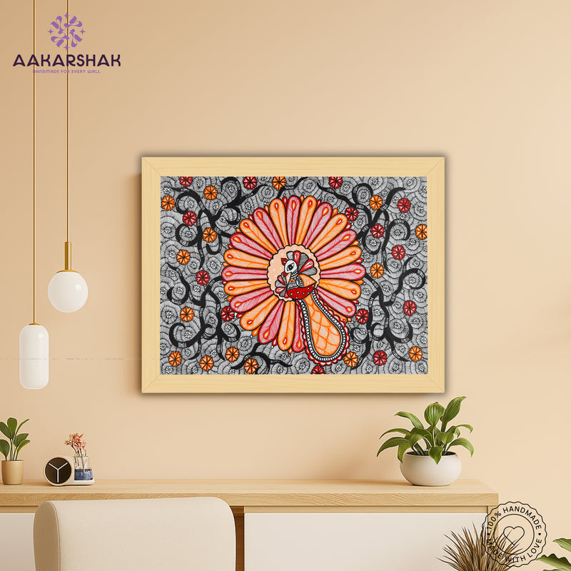 Framed artwork with peacock design-handmade madhubani painting for home decor
