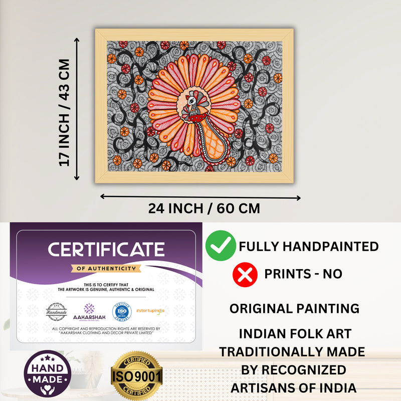Framed artwork with dimensions, authenticity certificate and handmade iso certified peacock madhubani painting