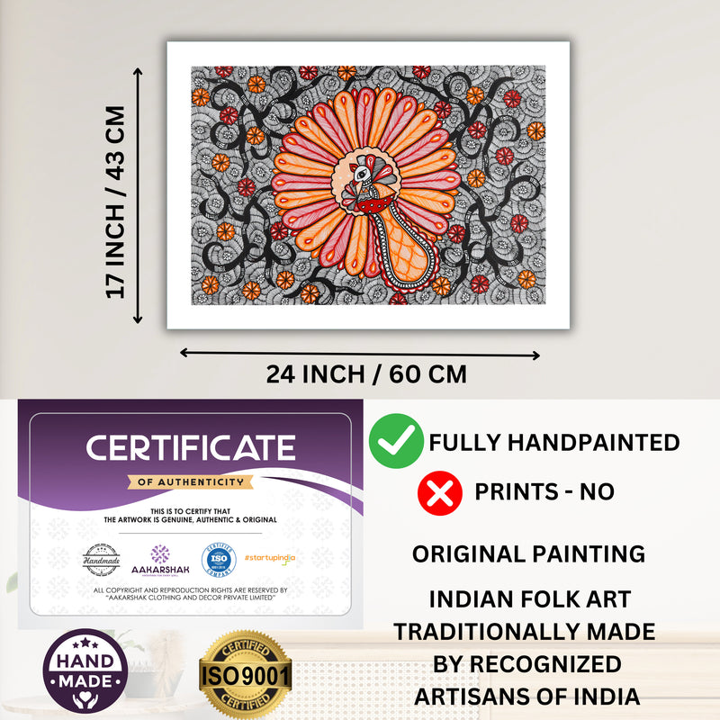 Framed artwork with dimensions, authenticity certificate and handmade iso certified peacock madhubani painting