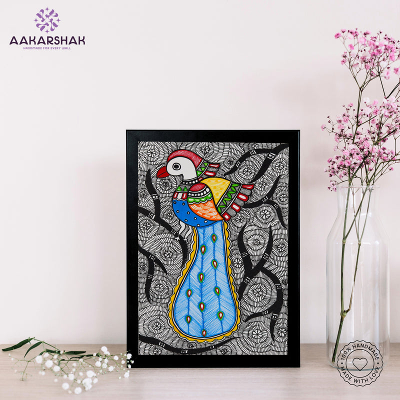 handmade madhubani painting peacock painting-with tabletop stand for home decor