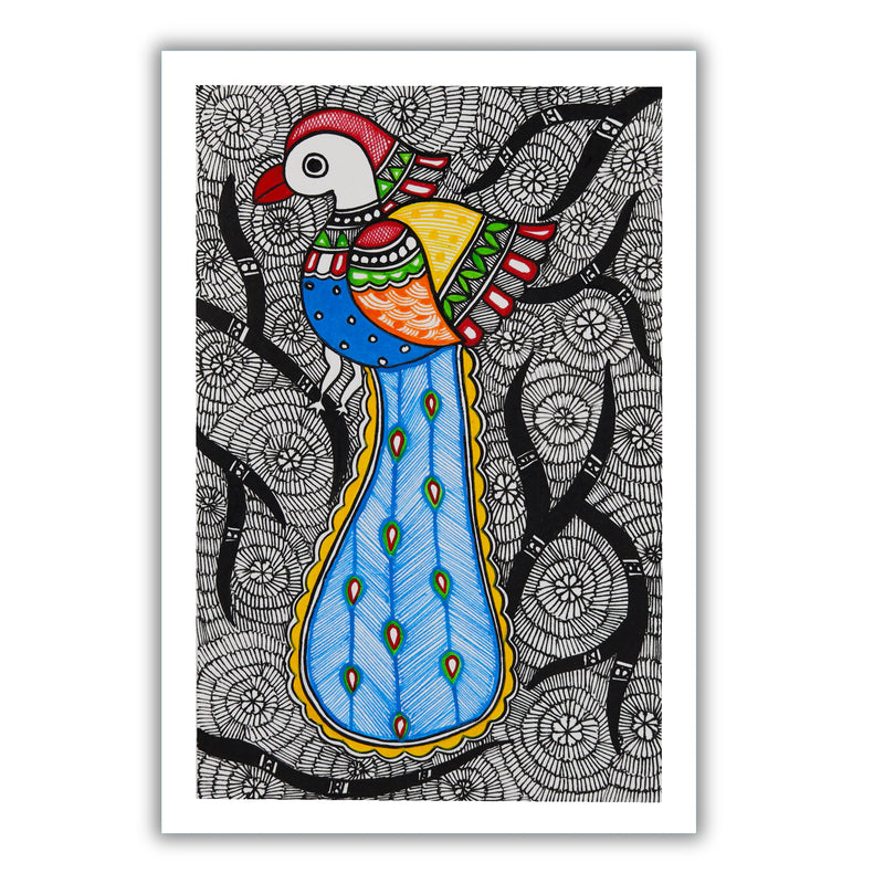 handmade madhubani painting painting peacock-in vibrant traditional folk art style