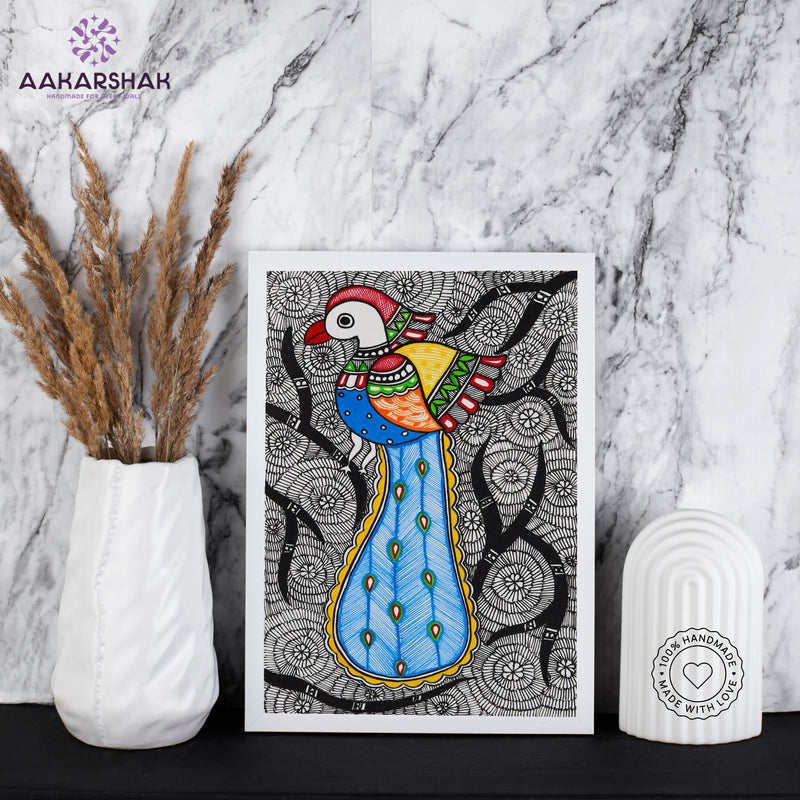 handmade madhubani painting peacock painting-with tabletop stand for home decor