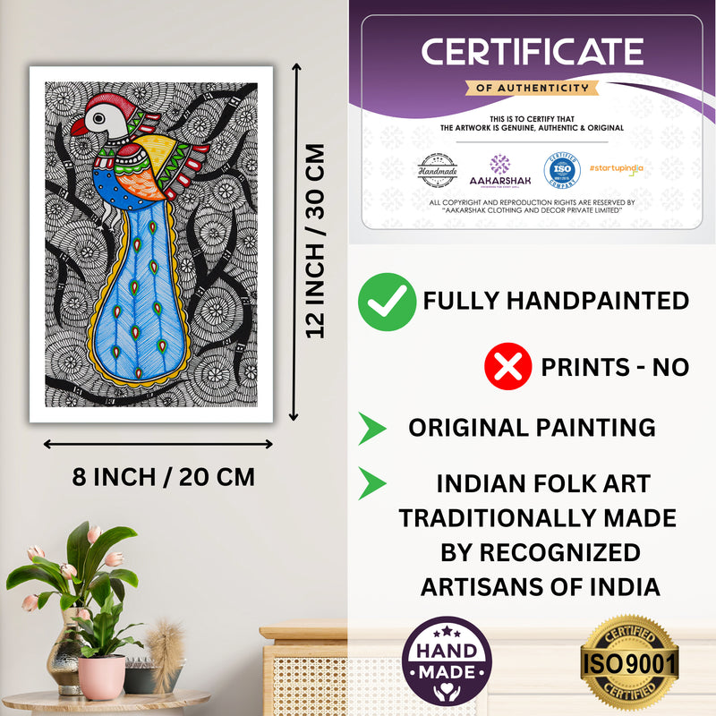 Handmade Peacock Tree of life Madhubani Painting Wall Decor 8x12