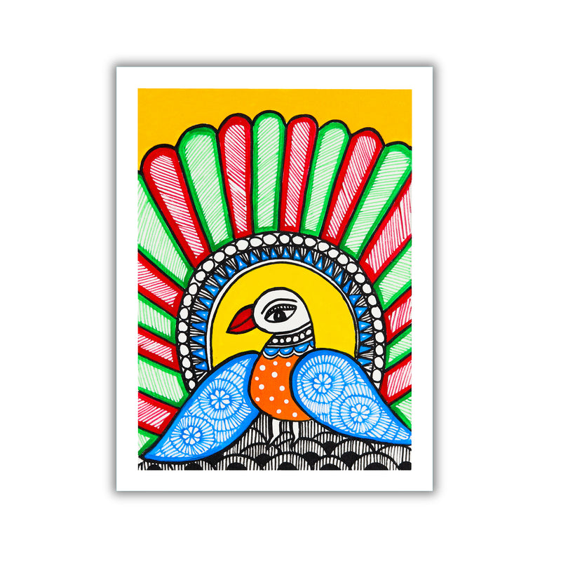 handmade madhubani painting peacock-in vibrant traditional folk art style