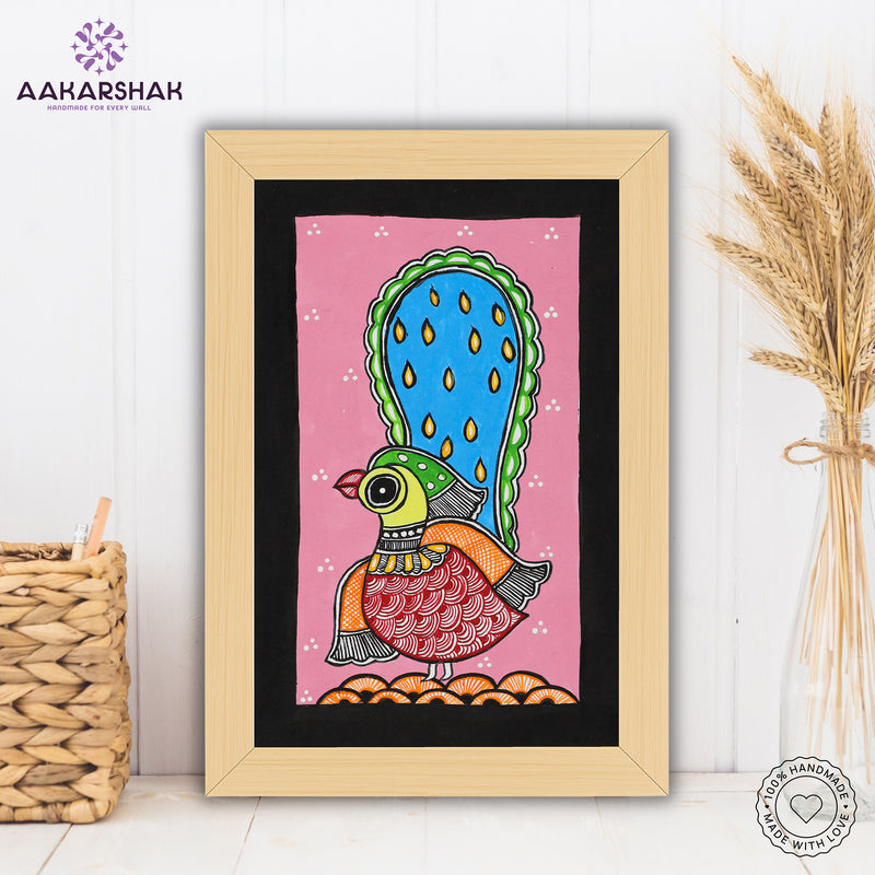 handmade madhubani painting peacock painting-with tabletop stand for home decor