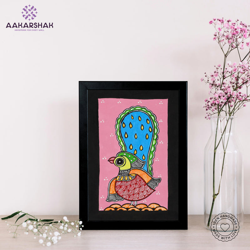 handmade madhubani painting peacock painting-with tabletop stand for home decor