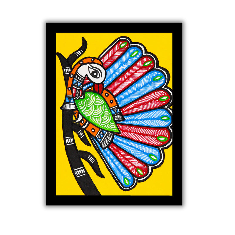 handmade madhubani painting peacock tree of life-in vibrant traditional folk art style