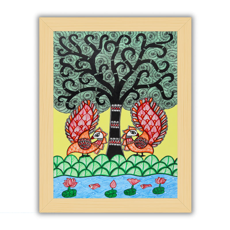 Handmade Peacock Tree of life Madhubani Painting Wall Decor 17x24