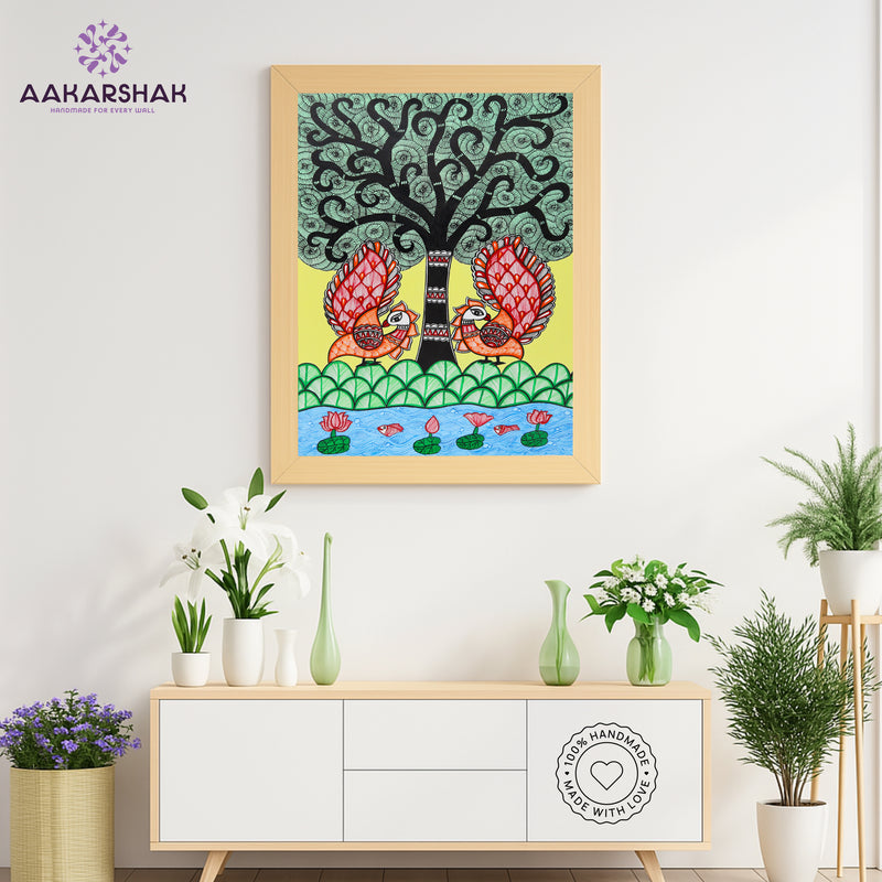 Handmade Peacock Tree of life Madhubani Painting Wall Decor 17x24