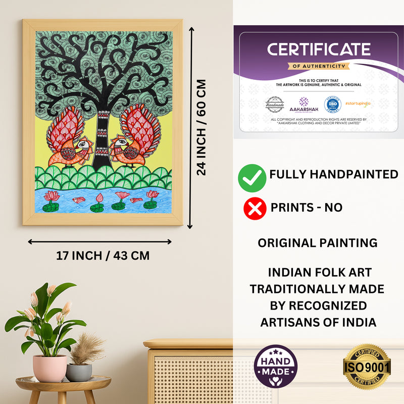Handmade Peacock Tree of life Madhubani Painting Wall Decor 17x24