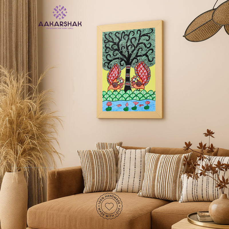 Handmade Peacock Tree of life Madhubani Painting Wall Decor 17x24