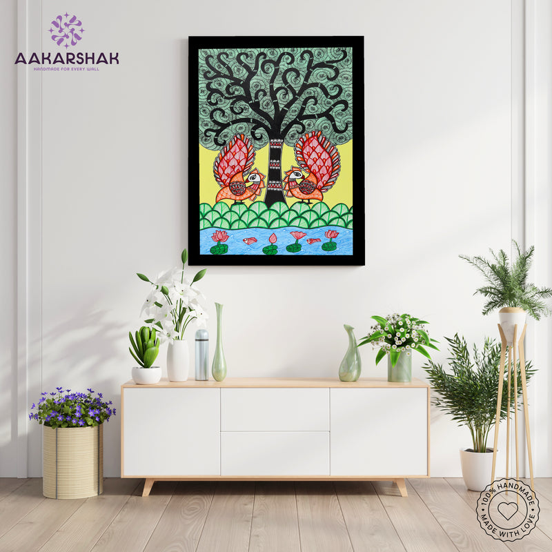 Handmade Peacock Tree of life Madhubani Painting Wall Decor 17x24