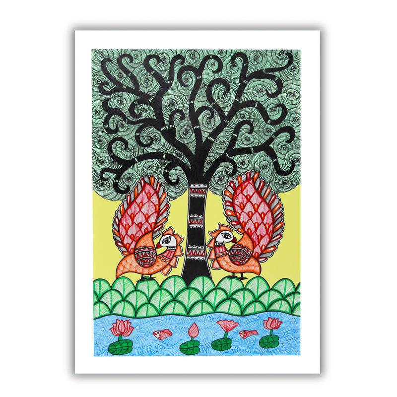Handmade Peacock Tree of life Madhubani Painting Wall Decor 17x24