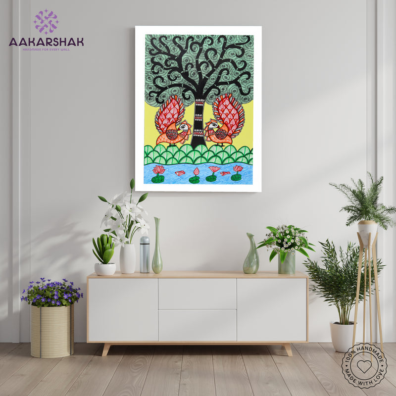 Handmade Peacock Tree of life Madhubani Painting Wall Decor 17x24