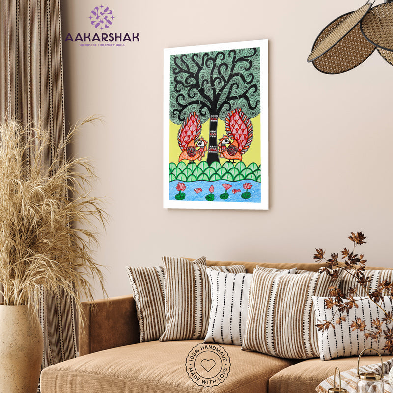 Handmade Peacock Tree of life Madhubani Painting Wall Decor 17x24