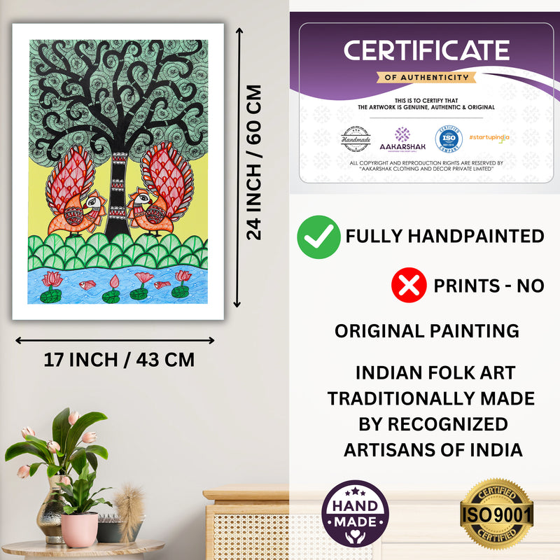 Handmade Peacock Tree of life Madhubani Painting Wall Decor 17x24