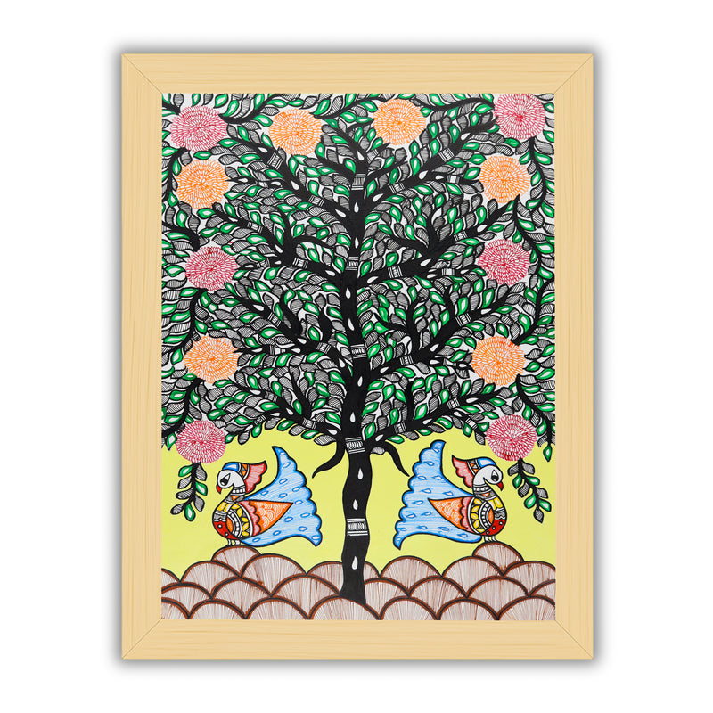 Framed artwork of a colorful peacock tree of life-with handmade madhubani