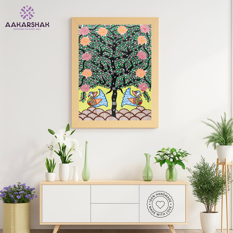 Framed artwork with peacock tree of life design -handmade madhubani painting for home decor