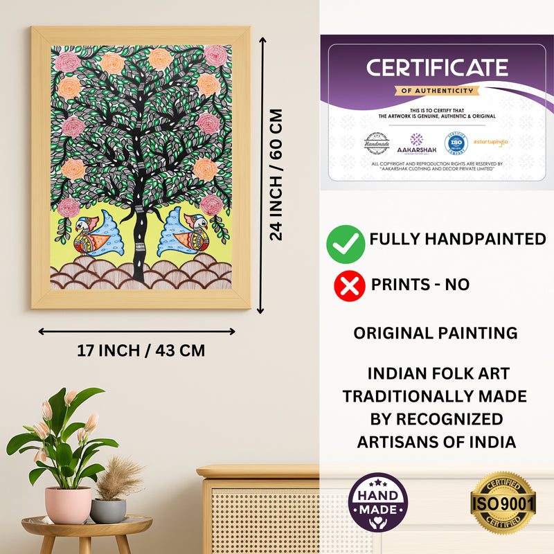 Framed artwork with dimensions, authenticity certificate and handmade iso certified-peacock tree of life madhubani painting