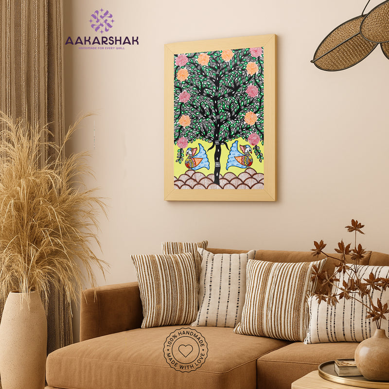 vibrant handmade peacock tree of life painting-depicting indian folk
