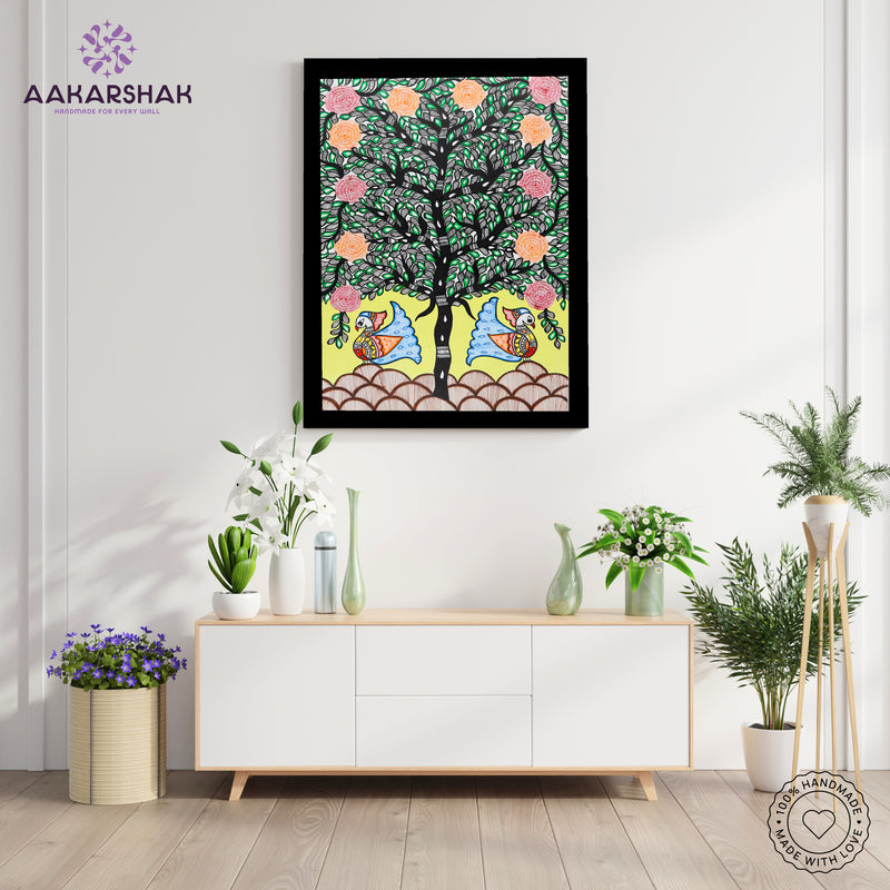 Framed artwork with peacock tree of life design -handmade madhubani painting for home decor