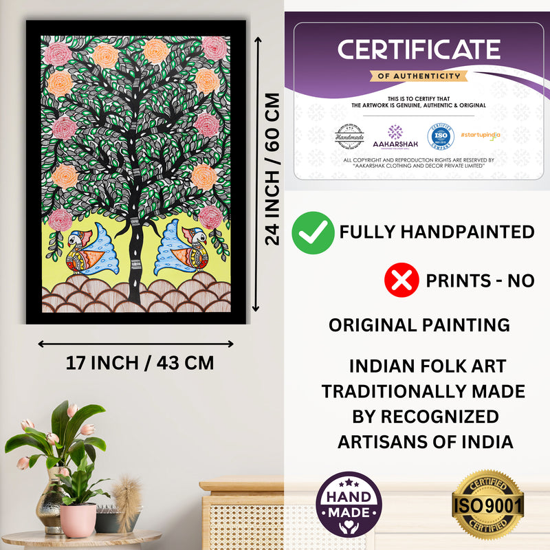 Framed artwork with dimensions, authenticity certificate and handmade iso certified-peacock tree of life madhubani painting