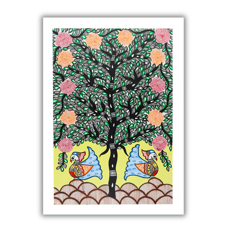 Framed artwork of a colorful peacock tree of life-with handmade madhubani