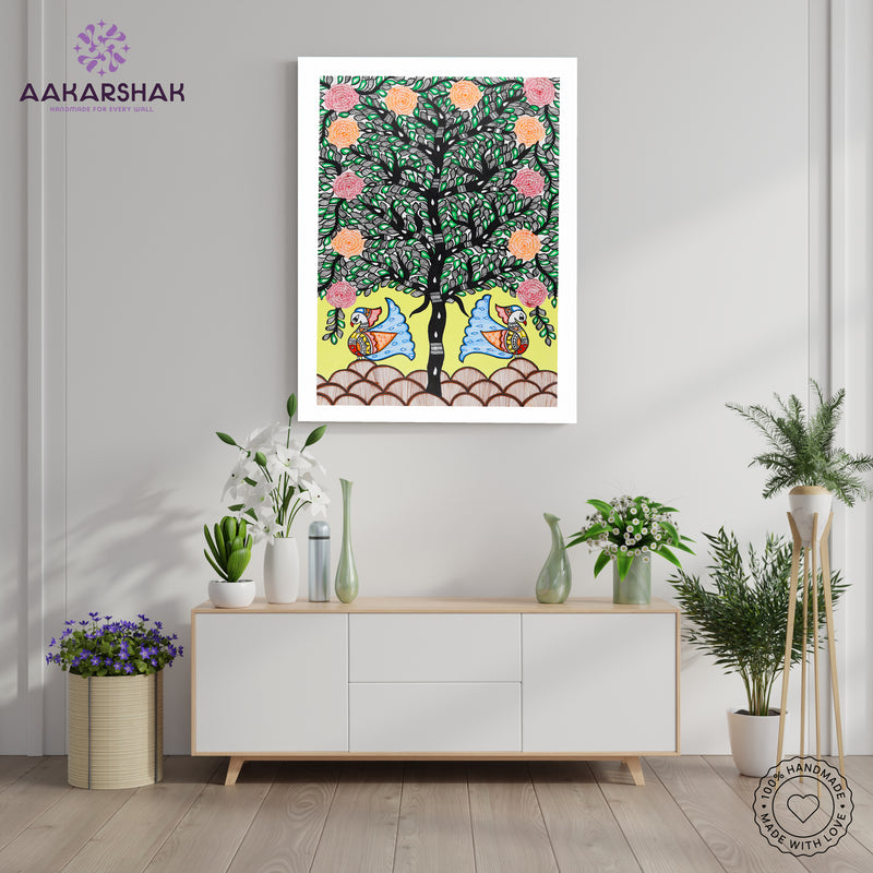 Framed artwork with peacock tree of life design -handmade madhubani painting for home decor