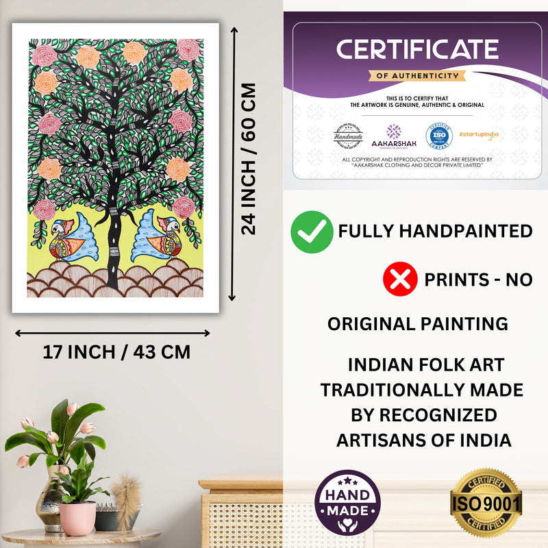 Framed artwork with dimensions, authenticity certificate and handmade iso certified-peacock tree of life madhubani painting