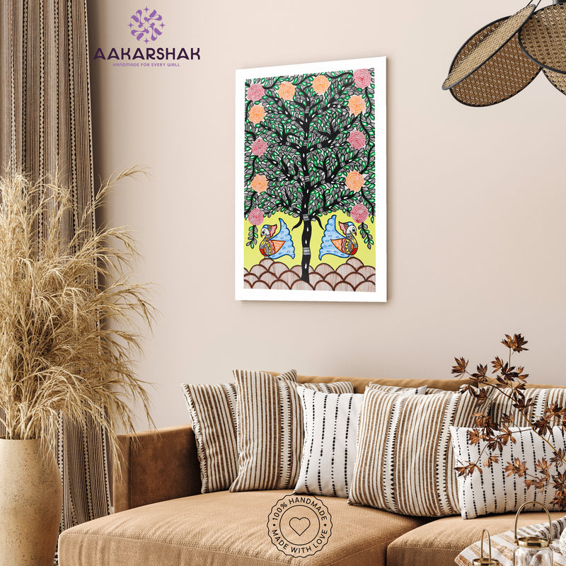 vibrant handmade peacock tree of life painting-depicting indian folk