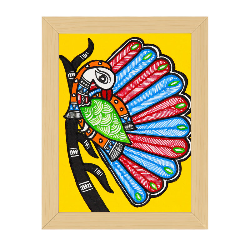 handmade madhubani painting peacock tree of life-in vibrant traditional folk art style