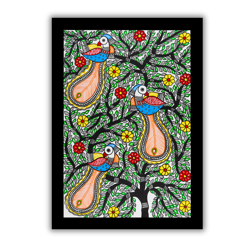 Framed artwork of a colorful peacock tree of life-with handmade madhubani painting