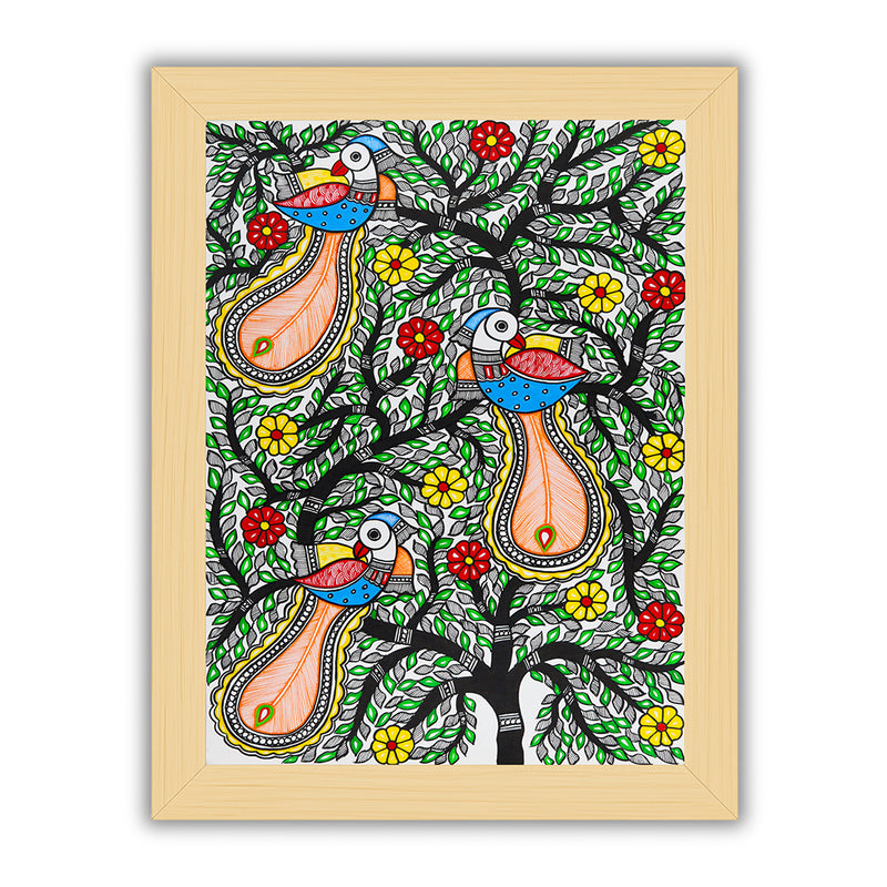 Framed artwork of a colorful peacock tree of life-with handmade madhubani painting