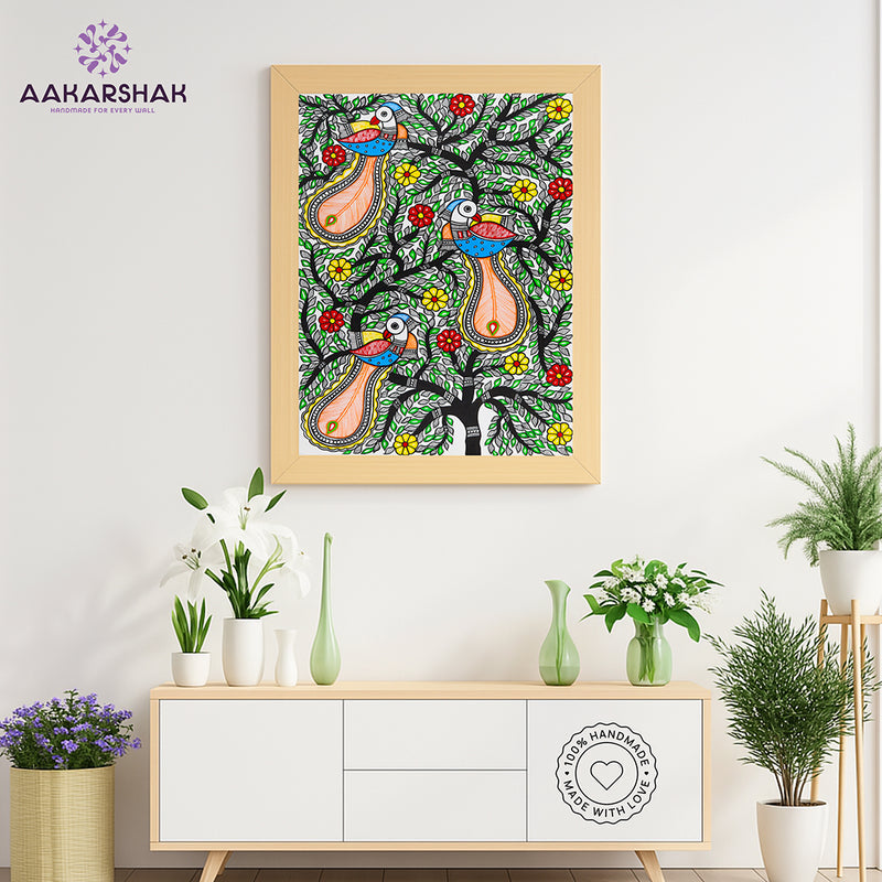 Framed artwork of a colorful peacock tree of life-with handmade madhubani painting