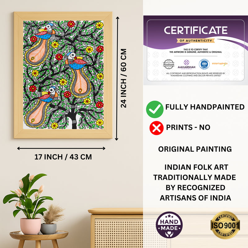 Framed artwork with dimensions, authenticity certificate and handmade iso certified-peacock tree of life madhubani painting