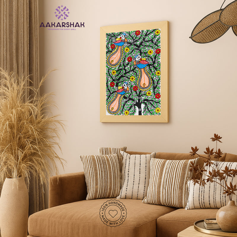 vibrant handmade peacock tree of life painting-depicting indian folk traditions