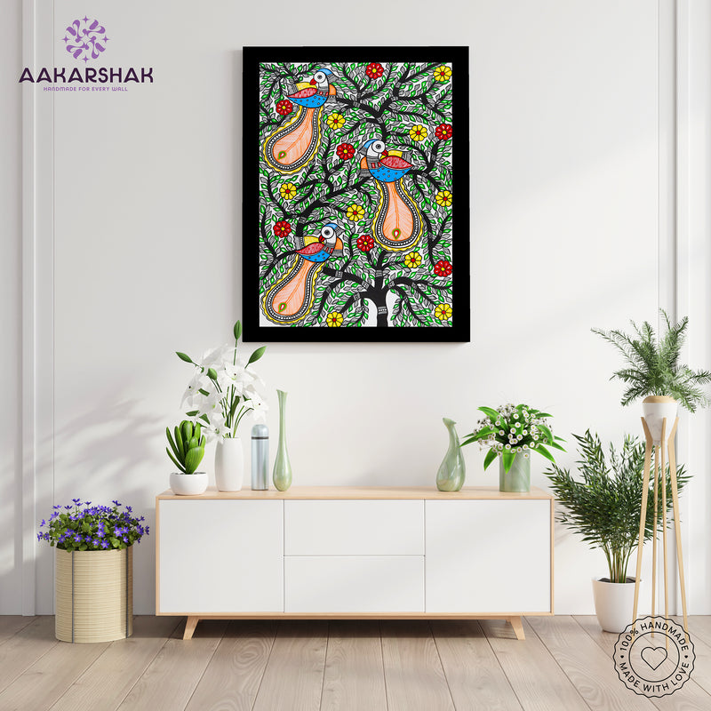Framed artwork of a colorful peacock tree of life-with handmade madhubani painting