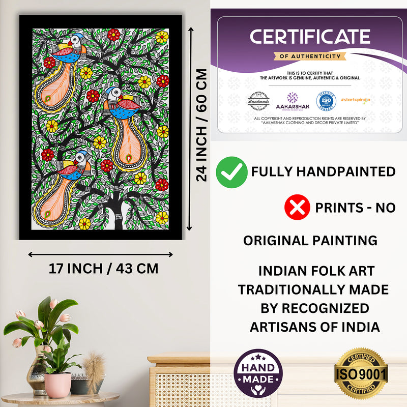 Framed artwork with dimensions, authenticity certificate and handmade iso certified-peacock tree of life madhubani painting