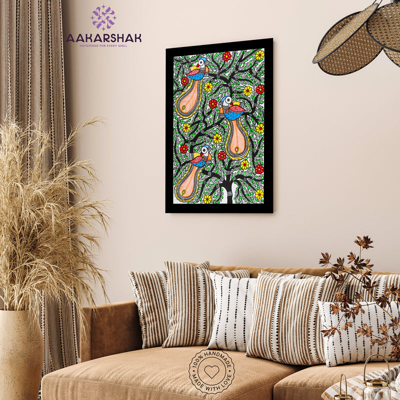 vibrant handmade peacock tree of life painting-depicting indian folk traditions