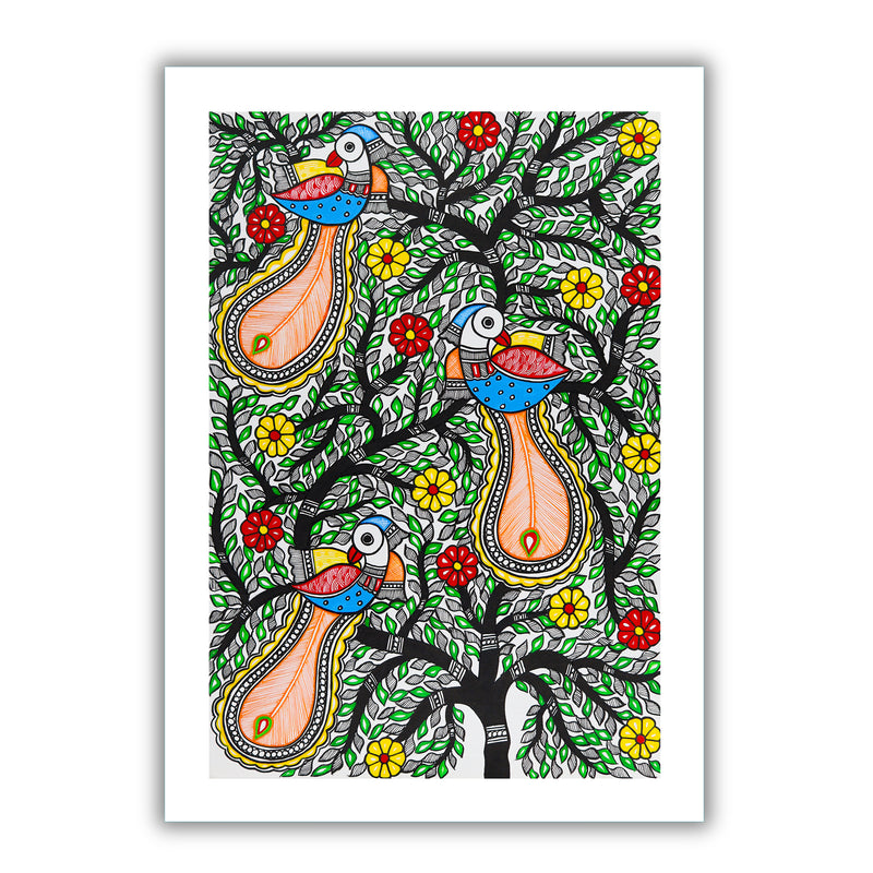 Framed artwork of a colorful peacock tree of life-with handmade madhubani painting