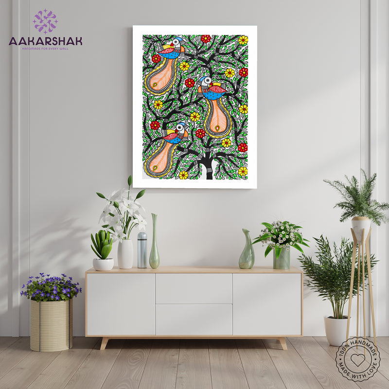 Framed artwork of a colorful peacock tree of life-with handmade madhubani painting
