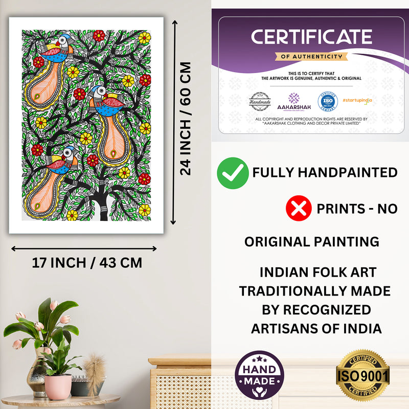 Framed artwork with dimensions, authenticity certificate and handmade iso certified-peacock tree of life madhubani painting