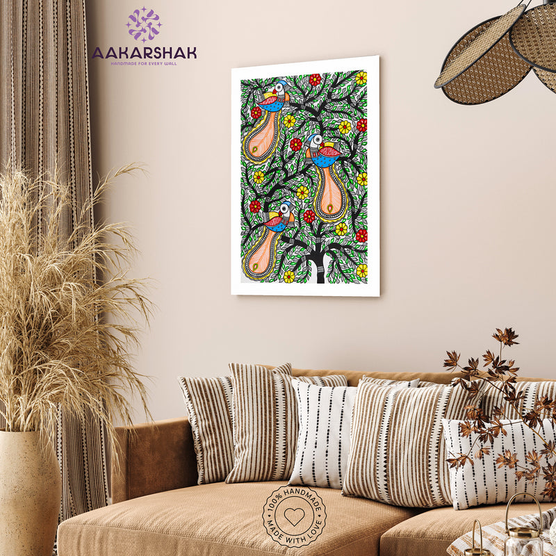 vibrant handmade peacock tree of life painting-depicting indian folk traditions