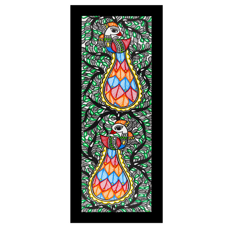 Framed artwork of a colorful peacock tree of life-with handmade madhubani painting