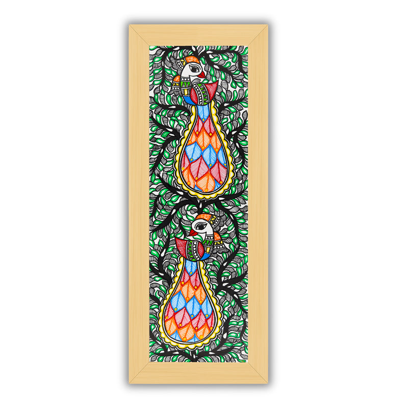 Framed artwork of a colorful peacock tree of life-with handmade madhubani painting