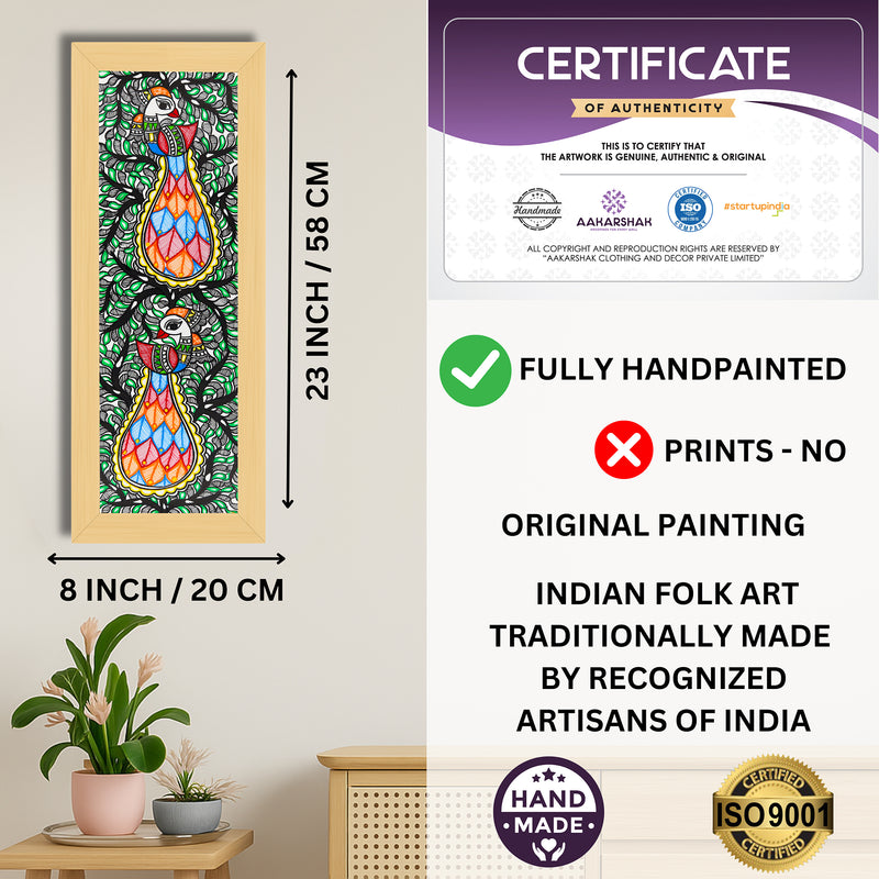 Framed artwork with dimensions, authenticity certificate and handmade iso certified-tree of life madhubani painting