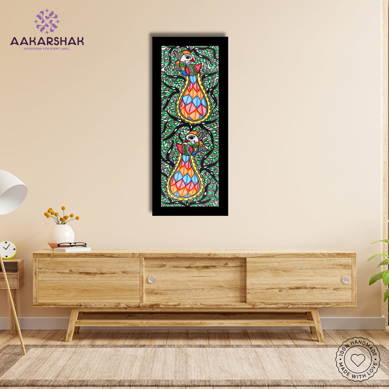 Framed artwork with peacock design -handmade madhubani painting for home decor